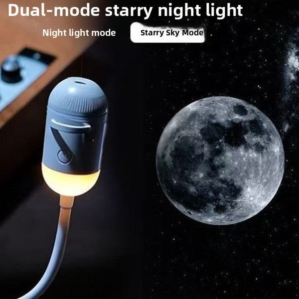 Lumis projector in its two modes: warm night-light glow and starry sky with moon