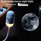 Lumis projector in its two modes: warm night-light glow and starry sky with moon